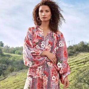 Johnny Was Ingrid Flowy Floral Print Button Down Shirt Red Blue Size S - M